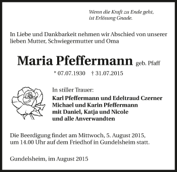 Traueranzeige von Maria Pfeffermann 