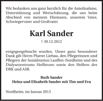 Traueranzeige von Karl Sander 