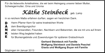 Traueranzeige von Käthe Steinbeck 