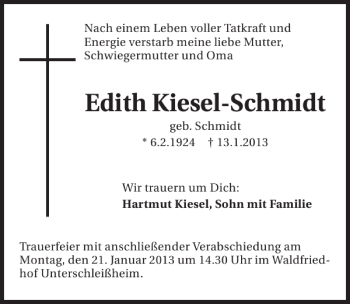 Traueranzeige von Edith Kiesel-Schmidt 