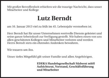 Traueranzeige von Lutz Berndt 