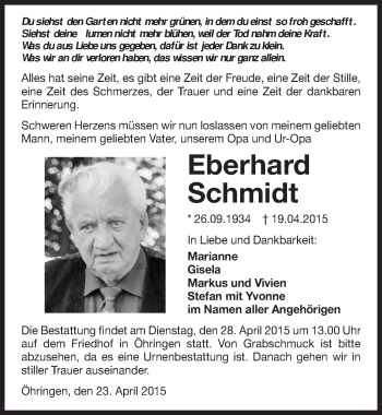 Traueranzeige von Eberhard Schmidt 