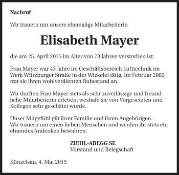 Traueranzeige von Elisabeth Mayer 