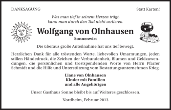 Traueranzeige von Wolfgang von Olnhausen 