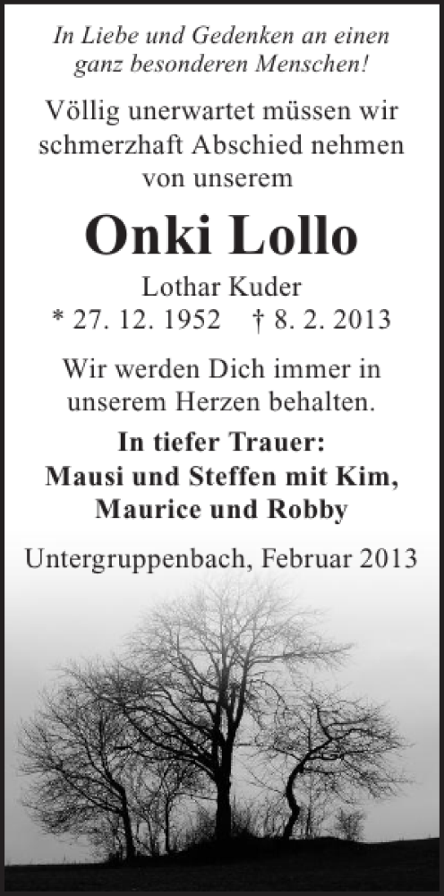  Traueranzeige für Onki Lollo vom 12.02.2013 aus 