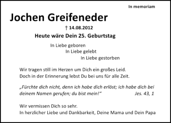 Traueranzeige von Jochen Greifeneder 