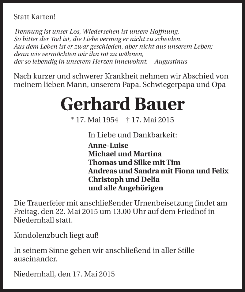  Traueranzeige für Gerhard Bauer vom 20.05.2015 aus 