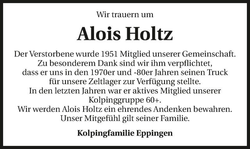  Traueranzeige für Alois Holtz vom 01.03.2016 aus 