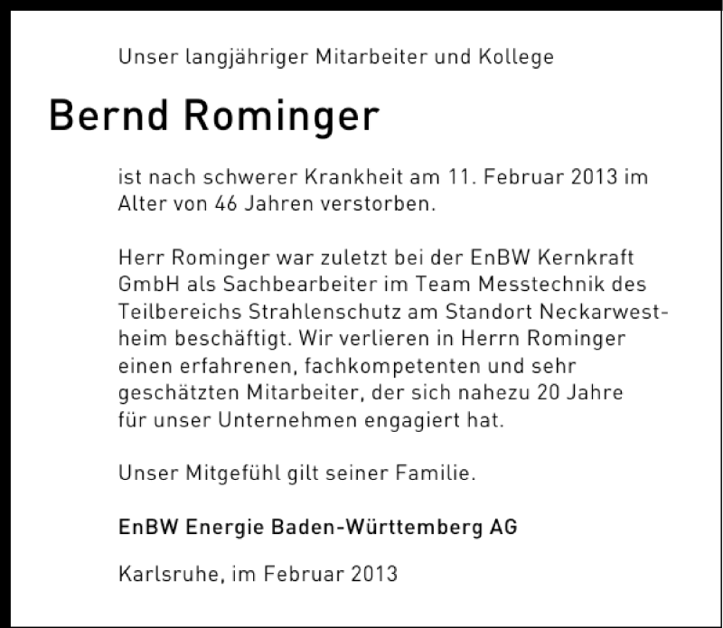  Traueranzeige für Bernd Rominger vom 16.02.2013 aus 