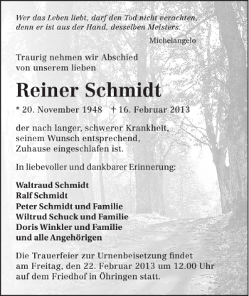 Traueranzeige von Reiner Schmidt 