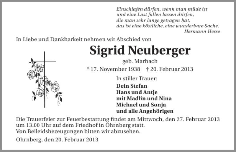  Traueranzeige für Sigrid Neuberger vom 25.02.2013 aus 
