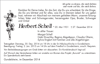 Traueranzeige von Herbert Schell 