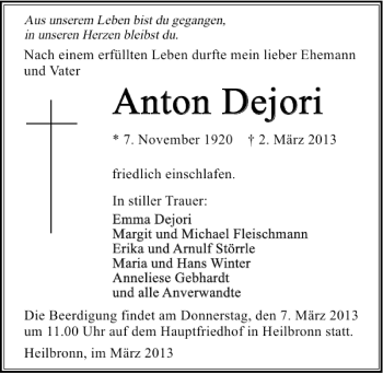 Traueranzeige von Anton Dejori 