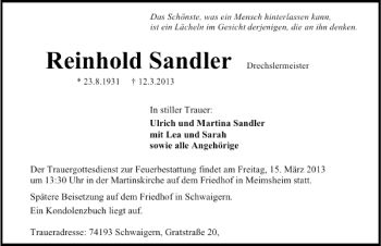 Traueranzeige von Reinhold Sandler 