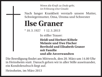 Traueranzeige von Ilse Graner 