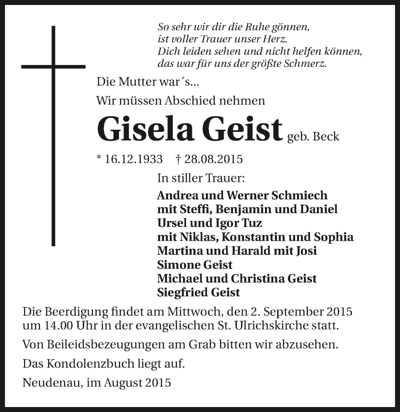  Traueranzeige für Gisela Geist vom 31.08.2015 aus 