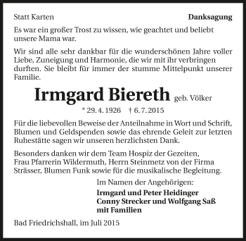 Traueranzeige von Irmgard Biereth 