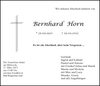 Traueranzeige von Bernhard Horn 