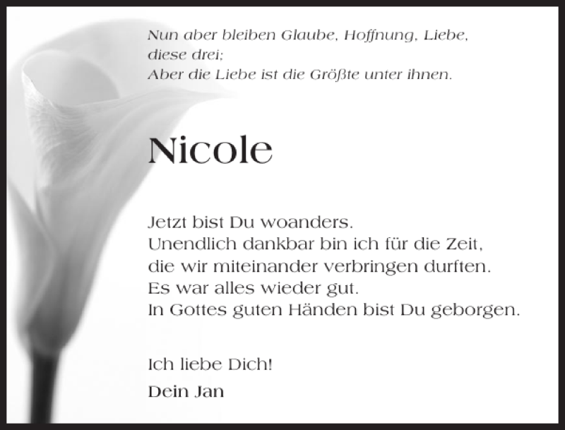  Traueranzeige für Nicole Nicole vom 22.03.2013 aus 