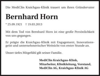 Traueranzeige von Bernhard Horn 