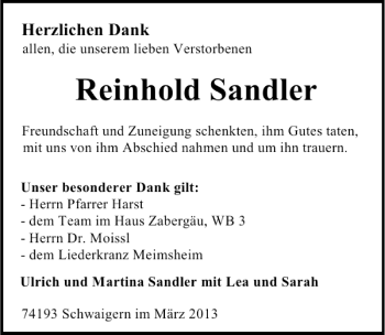 Traueranzeige von Reinhold Sandler 