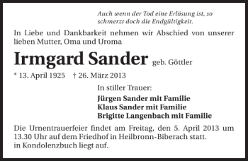 Traueranzeige von Irmgard Sander 