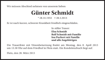 Traueranzeige von Günter Schmidt 