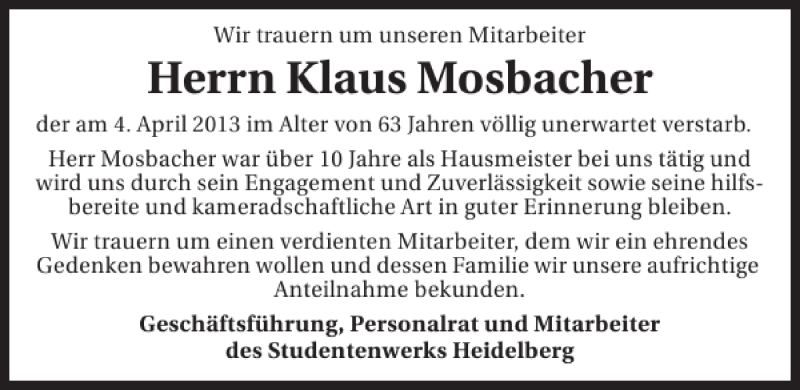 Traueranzeige für Klaus Mosbacher vom 10.04.2013 aus 