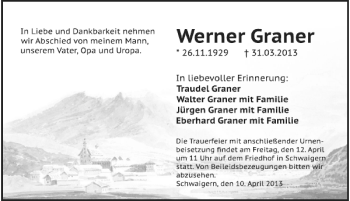 Traueranzeige von Werner Graner 