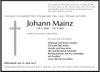 Traueranzeige von Johann Mainz 