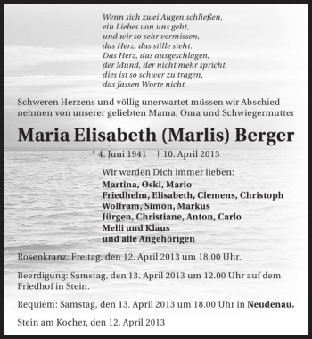 Traueranzeige von Maria Elisabeth (Marlis) Berger 