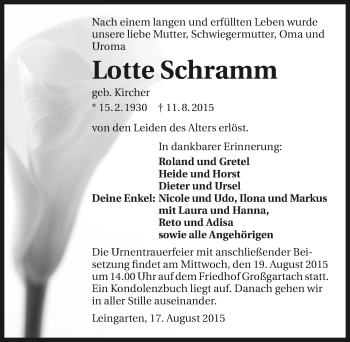 Traueranzeige von Lotte Schramm 