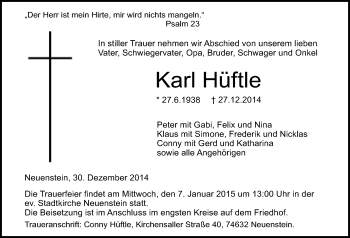 Traueranzeige von Karl Hüftle 