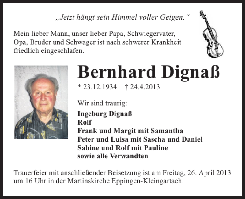  Traueranzeige für Bernhard Dignaß vom 25.04.2013 aus 