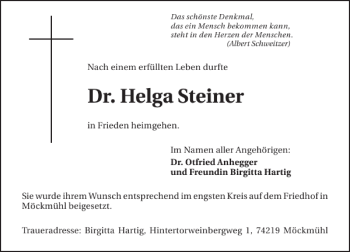 Traueranzeige von Dr. Helga Steiner 