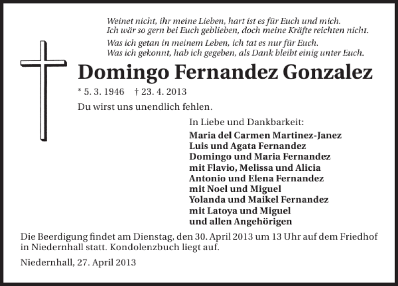  Traueranzeige für Domingo Fernandez Gonzalez vom 27.04.2013 aus 