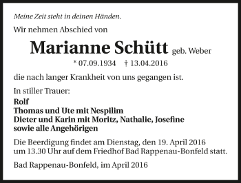 Traueranzeige von Marianne Schütt 