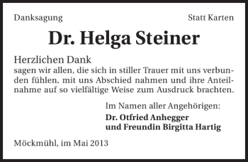Traueranzeige von Dr. Helga Steiner 