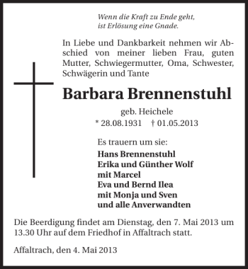 Traueranzeige von Barbara Brennenstuhl 