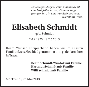 Traueranzeige von Elisabeth Schmidt 