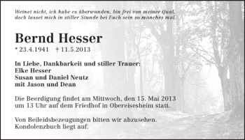 Traueranzeige von Bernd Hesser 