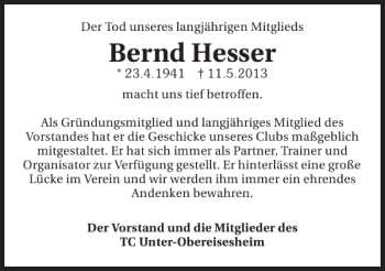 Traueranzeige von Hesser Bernd 