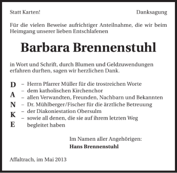 Traueranzeige von Barbara Brennenstuhl 