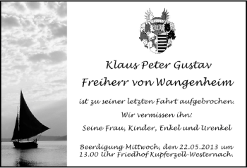 Traueranzeige von Klaus Peter Gustav Freiherr von Wangenheim 