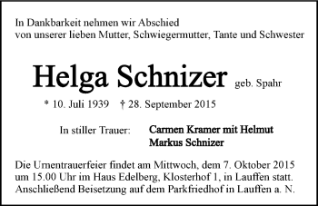 Traueranzeige von Helga Schnizer 