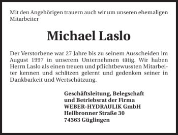 Traueranzeige von Michael Laslo 