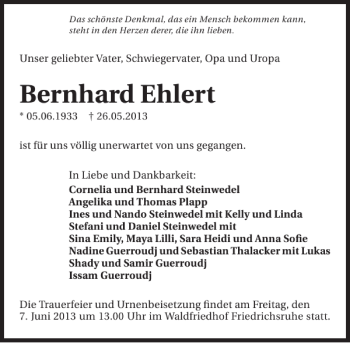 Traueranzeige von Bernhard Ehlert 