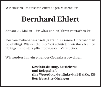 Traueranzeige von Bernhard Ehlert 