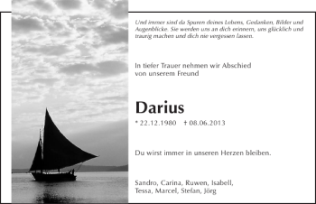 Traueranzeige von Darius Darius 