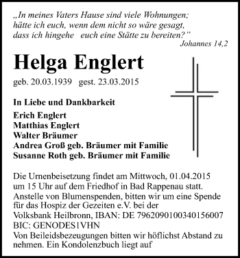 Traueranzeige von Helga Englert 